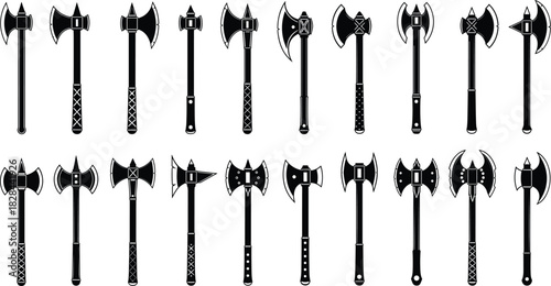 Large Black Silhouette Axe and Battle-Axe Vector Icon Collection Illustrating Various Medieval, Viking, and Fantasy Weapon Designs for Gaming, History, and Warfare Concepts