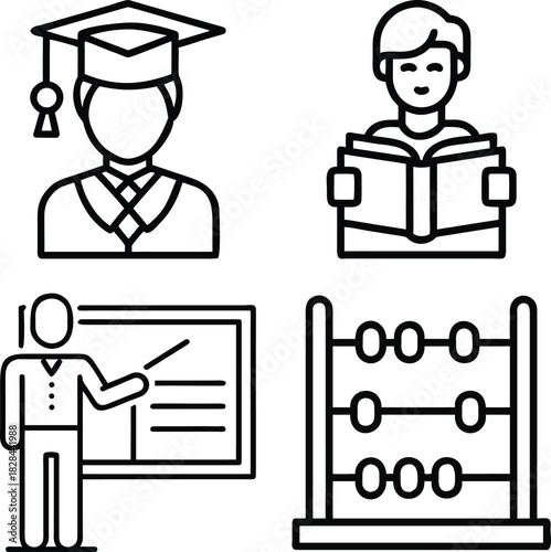 WebSet of Four Educational Personnel and Tools Icons: Graduate in Cap and Gown, Student Reading Book, Teacher Presenting on Whiteboard, and Abacus for Learning, Instruction, and Mathematics.