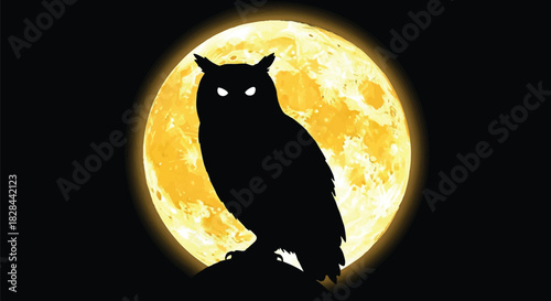 Majestic Owl Silhouette Against a Full Moon Symbolizing Wisdom and Mystery Graphic Design Illustration for Halloween Night