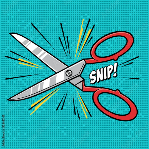 Dynamic Comic Book Style Scissors Cutting Action Illustration