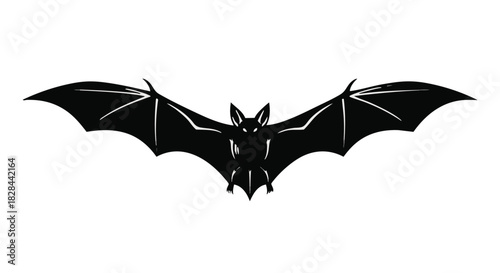 Striking Black Bat Silhouette with Open Wings Ready for Flight on White Background Perfect for Halloween Designs and Illustration Projects