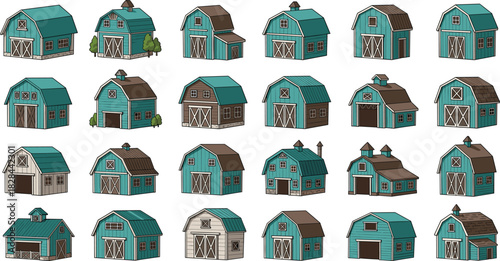 Large Pixel Art Style Barn and Farm Building Vector Collection Set Illustrating Various Structures in Teal and Brown Hues for Game Design, Agriculture, and Rural Landscape Graphics
