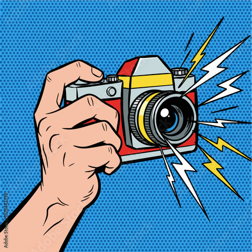 Comic Pop Art Hand Holding Camera Taking Photo with Flash