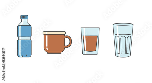 Diverse Drinkware Collection - Water Bottle, Mug, and Glasses Illustration.
