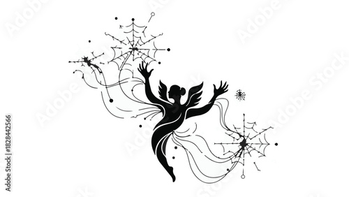 Whimsical fairy with outstretched arms tangled in delicate spiderwebs, celebrating nature's intricate designs.