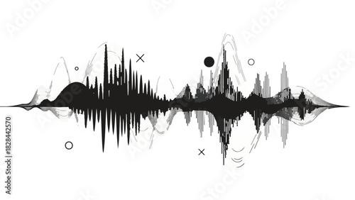 Dynamic sound wave visualization with abstract geometric elements on a clean white background