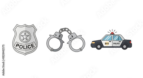 Police Badge, Handcuffs, and Police Car - Law Enforcement Essentials.