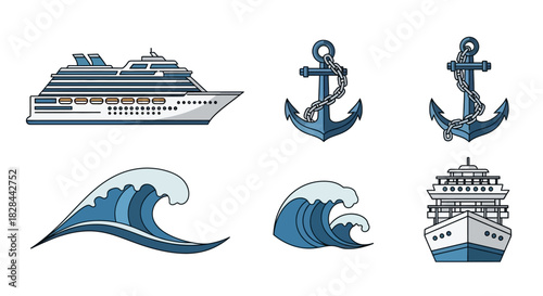 Nautical Elements - Cruise Ship, Anchors, and Ocean Waves.