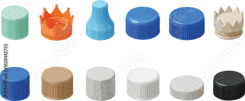 Colorful Plastic Bottle Cap and Closure Vector Collection Set Illustrating Various Shapes, Including Standard Threaded, Sports, and Unique Crown-Shaped Designs for Packaging and Recycling Concepts
