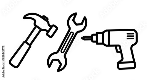 Outline Illustration of Hammer, Wrench, and Drill for Construction and Repair.