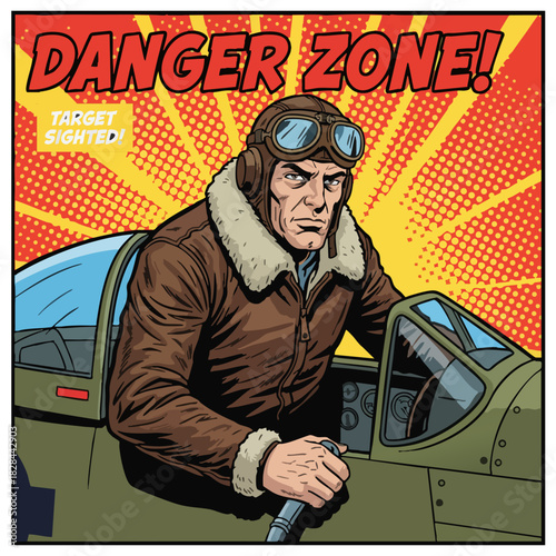 Retro Comic Pop Art Illustration of WWII Era Fighter Pilot
