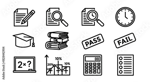 Educational Icons Set - Exam, Learning, and Academic Achievement Symbols.