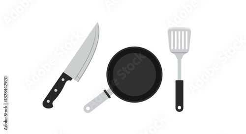 Kitchen Utensils - Knife, Frying Pan, and Slotted Spatula Illustration.