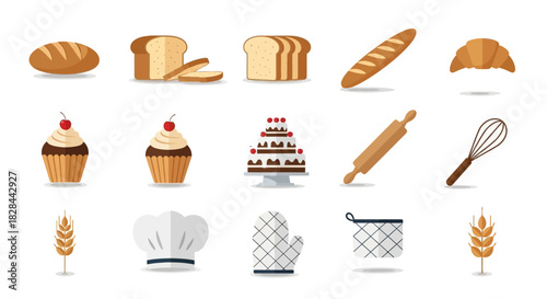 Bakery and Baking Tools Illustration Set for Culinary Designs.