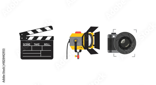 Film Production Equipment - Clapperboard, Lighting, and Camera for Filmmaking.