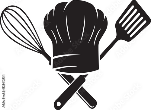Professional chef hat and crossed cooking utensils icon logo design template isolated PNG with Transparent Background