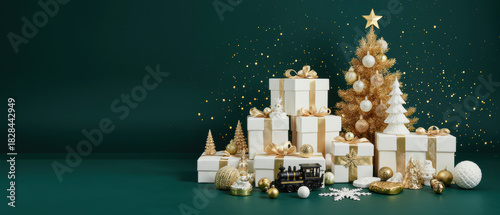 Elegant New Year Arrangement with Gifts and Ornaments.