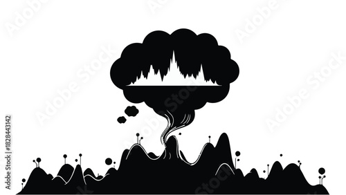 Abstract landscape with smoke cloud representing pollution or a dark thought