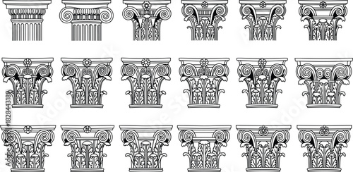 Classical Architectural Column Capital Line Art Vector Icon Collection Set Illustrating Detailed Corinthian, Ionic, and Doric Styles for History, Building, and Design Concepts