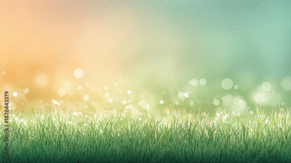 Obraz premium A serene gradient background featuring lush green grass with soft bokeh effects, a tranquil and natural atmosphere, floral rainbow background