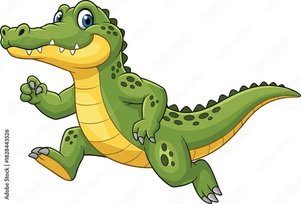 Fototapeta premium Cheerful cartoon crocodile running with big blue eyes and smile, playful green reptile character, animated children’s vector illustration