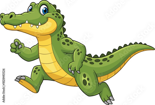 Cheerful cartoon crocodile running with big blue eyes and smile, playful green reptile character, animated children’s vector illustration
