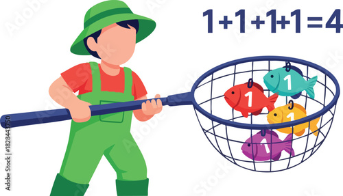 Vector Illustration of Child with Fish Basket and Math Equation in Modern Flat Style with Bright Colors