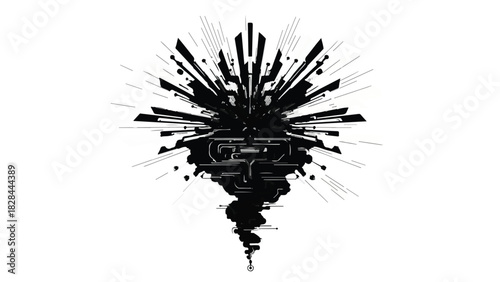 Abstract dark energetic explosion with radiating lines and swirling smoke on white background