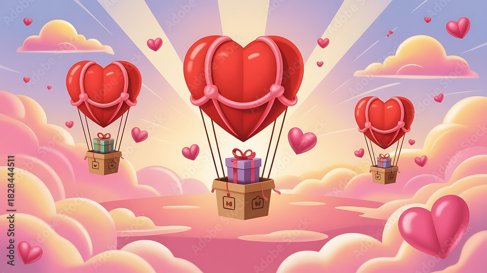 Naklejka premium Romantic Valentine scene with heart-shaped hot air balloons carrying gift boxes through dreamy pink clouds at sunrise