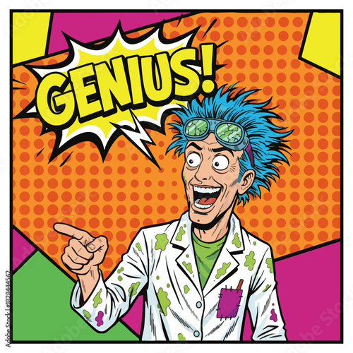 Cartoon Scientist Yelling Genius in Retro Pop Art Style