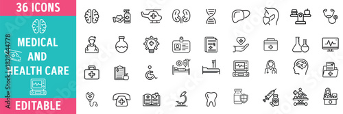 Medical and Healthcare Line Icon Collection – Hospital Equipment, Doctor & Nurse Symbols, Pharmacy, Diagnostic, Virus, Laboratory and Patient Care Vector Set