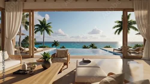 Bright, airy villa with a stunning ocean view, featuring natural wood, white textiles, and an inviting atmosphere