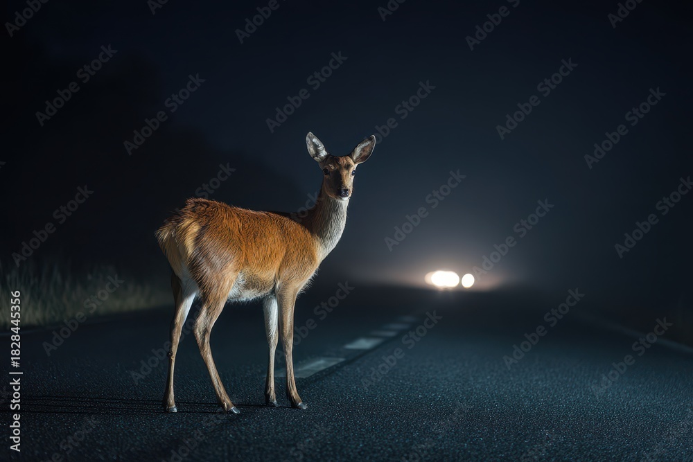 Fototapeta premium Deer standing on a dark road illuminated by car headlights at night in a quiet, rural area