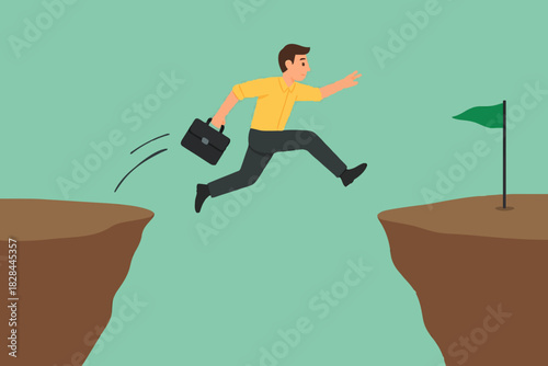 Taking risks for success, courage to overcome challenges concept, brave businessman jumping over the cliff gap to reach the flag of success on the other side of the cliff.