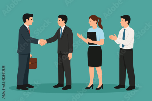 Onboarding new employee, warm welcome to new office, introduce new hire to colleagues, orientation training on first day concept, businessman manager handshake welcome and introduce new staff to team.