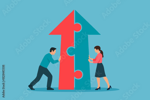 Merger and Acquisitions, partnership or work together, success puzzle, growth solution or cooperation, support or progress challenge concept, business people push arrow jigsaw to join to success.