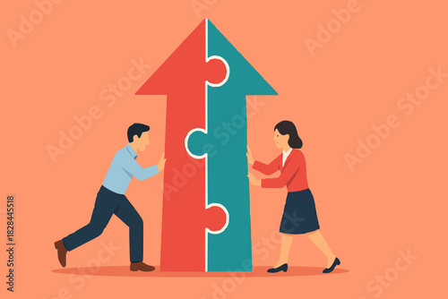 Merger and Acquisitions, partnership or work together, success puzzle, growth solution or cooperation, support or progress challenge concept, business people push arrow jigsaw to join to success.