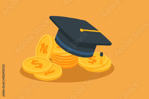 Education and money vector illustration, flat cartoon graduation hat and coins cash, concept of scholarship cost or loan, tuition or study fee, value of student knowledge, learning success
