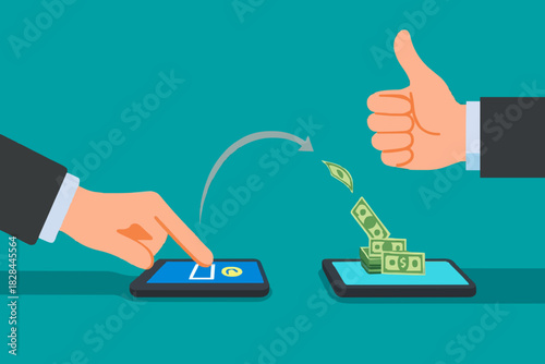People sending and receiving money wireless with their mobile phones. Hand tapping smart phone with banking payment app. Modern flat style concept vector illustration isolated on white background.