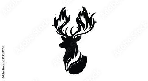 Majestic stag silhouette with fiery antlers and glowing embers on white background.