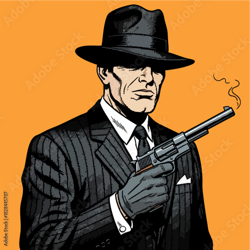 Serious Man in Fedora Suit Holding Vintage Revolver Weapon