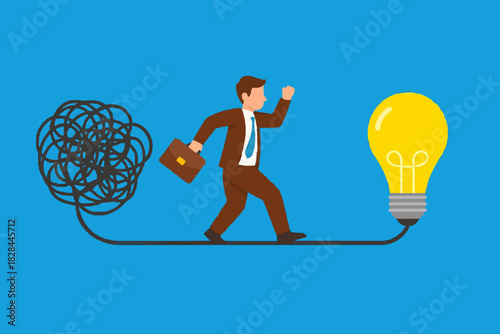 Simplify idea to find solution, thinking process or creativity to solve problem, discover easy way to understand concept, smart businessman walking away from mess chaos line to simple lightbulb idea.