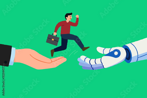 AI adoption or implementation to success, change or transformation using Artificial Intelligence innovation to help business achievement, businessman hold winning flag jump from human hand to AI hand