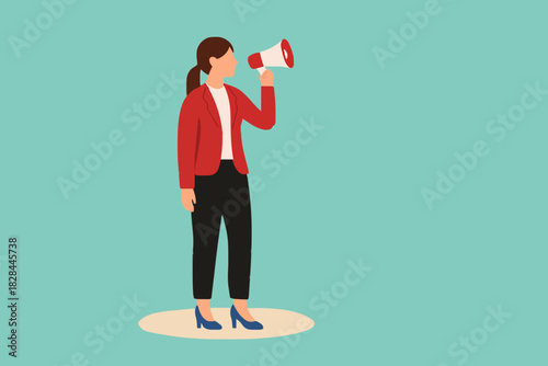 icon logo sign Businesswoman Holding Loudspeaker Announcing Message Vector Illustration. Public relation specialist speaking on a megaphone