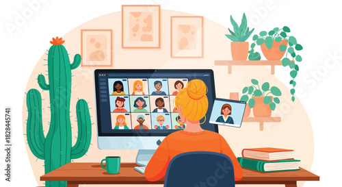 Female professional attending a virtual meeting on computer from her home office