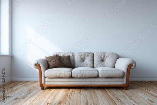 A light-colored sofa with a brown cushion stands on a wooden floor against a white wall.