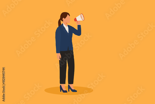icon logo sign Businesswoman Holding Loudspeaker Announcing Message Vector Illustration. Public relation specialist speaking on a megaphone