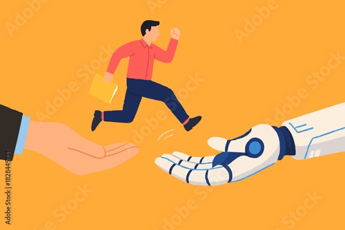 AI adoption or implementation to success, change or transformation using Artificial Intelligence innovation to help business achievement, businessman hold winning flag jump from human hand to AI hand
