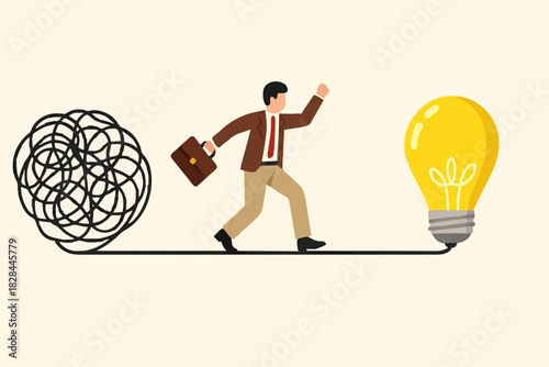 Simplify idea to find solution, thinking process or creativity to solve problem, discover easy way to understand concept, smart businessman walking away from mess chaos line to simple lightbulb idea.