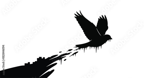Silhouette of a bird in flight dissolving into ink splashes against a white background.